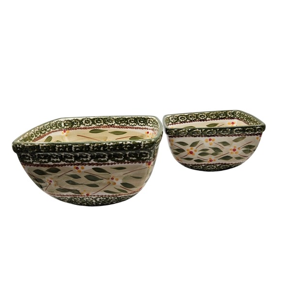 Temptations By Tara Hand Painted Square Bowls  Set of 2 Decorative Pottery Bowls - Picture 1 of 12